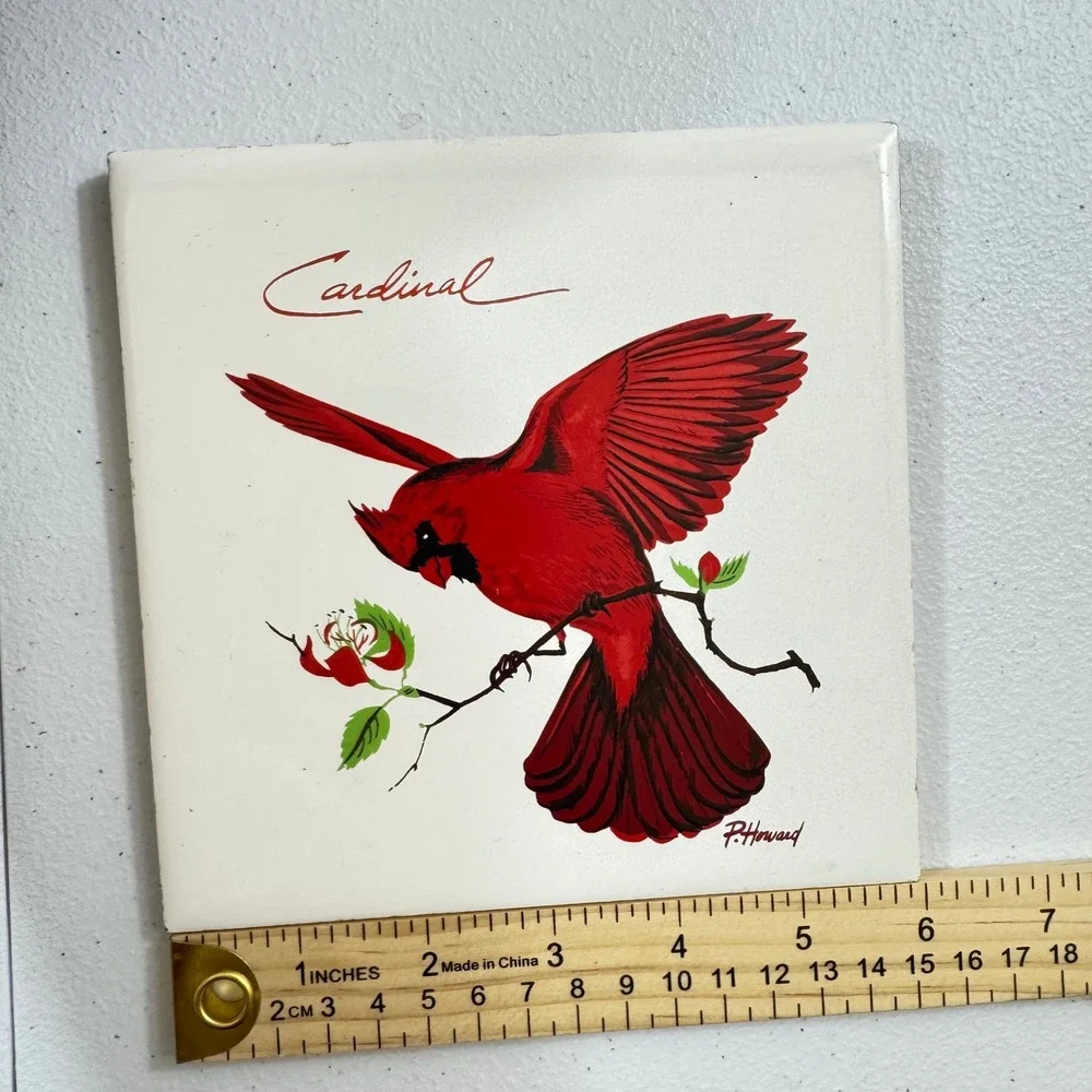 VTG Screencraft P Howard Cardinal Bird Ceramic Art Tile Trivet Wall‎ Plaque 6x6
